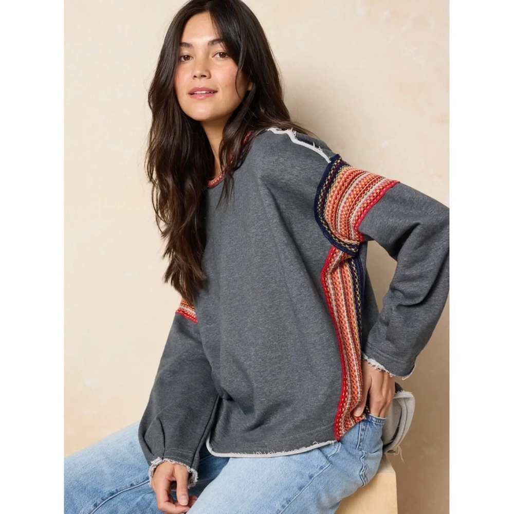 Natural Life Knit Trim Sweatshirt Womens L/XL Charcoal Oversized Raw Edge Hippie